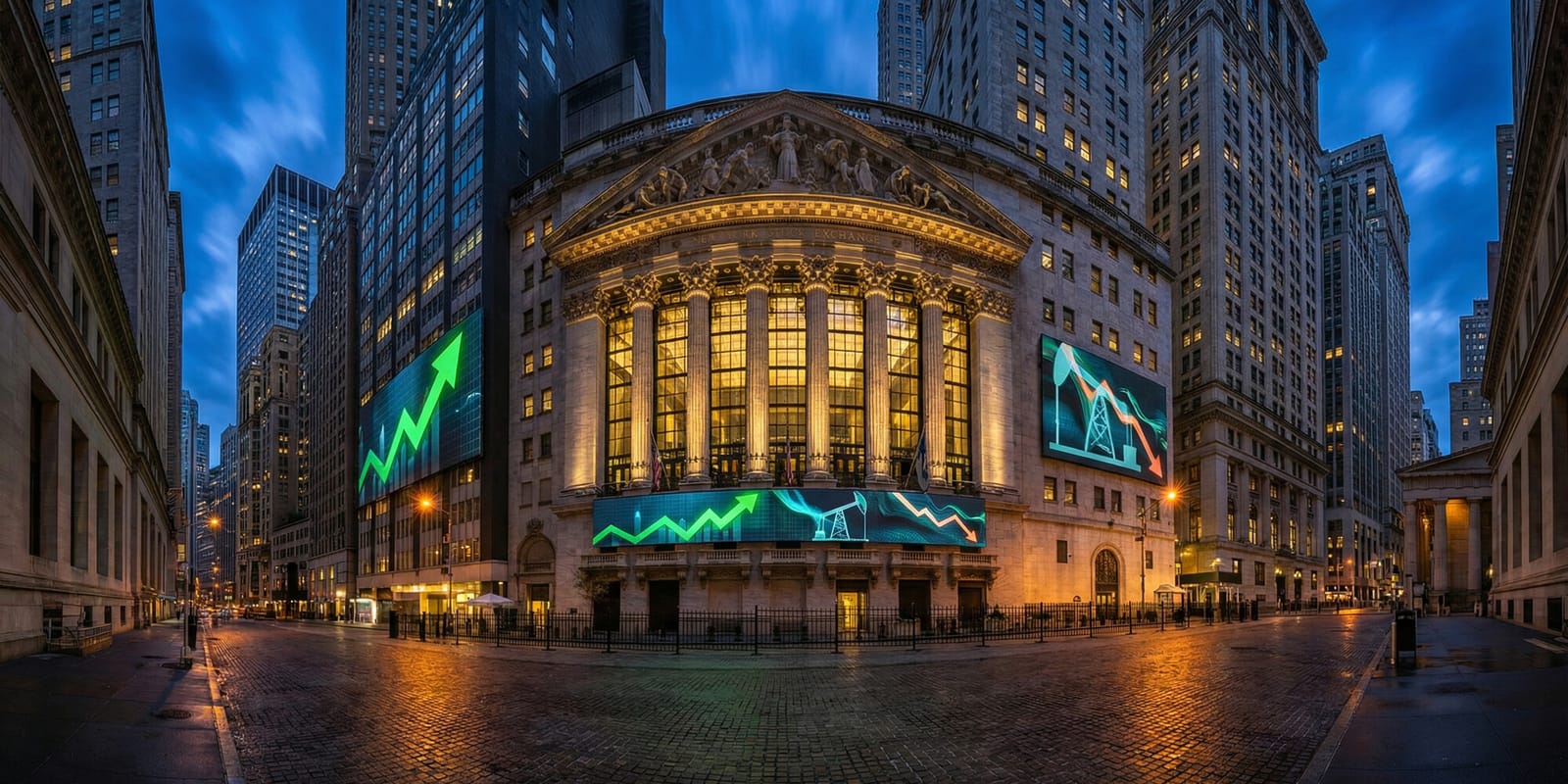 NYSE trading floor displays showing broad market gains and oil decline