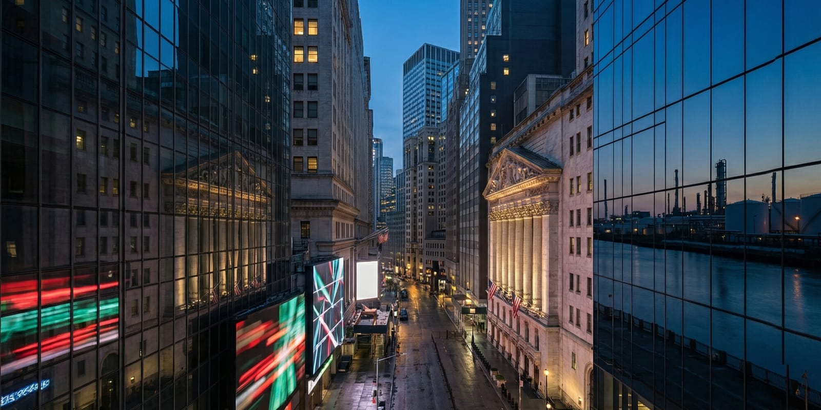 Wall Street financial district with market ticker boards reflecting oil and equity volatility