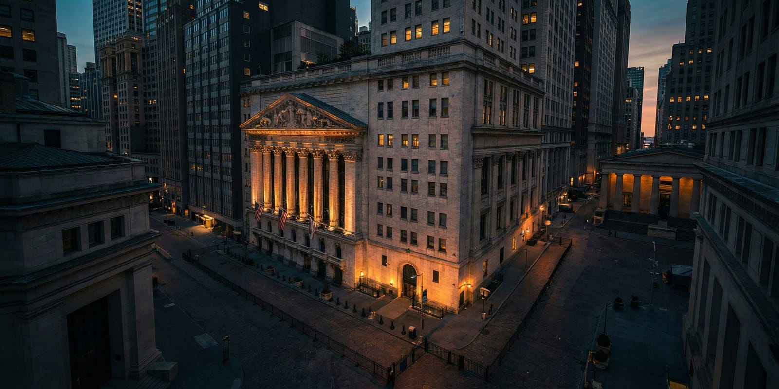 Aerial view of New York Stock Exchange building facade on Wall Street at dusk